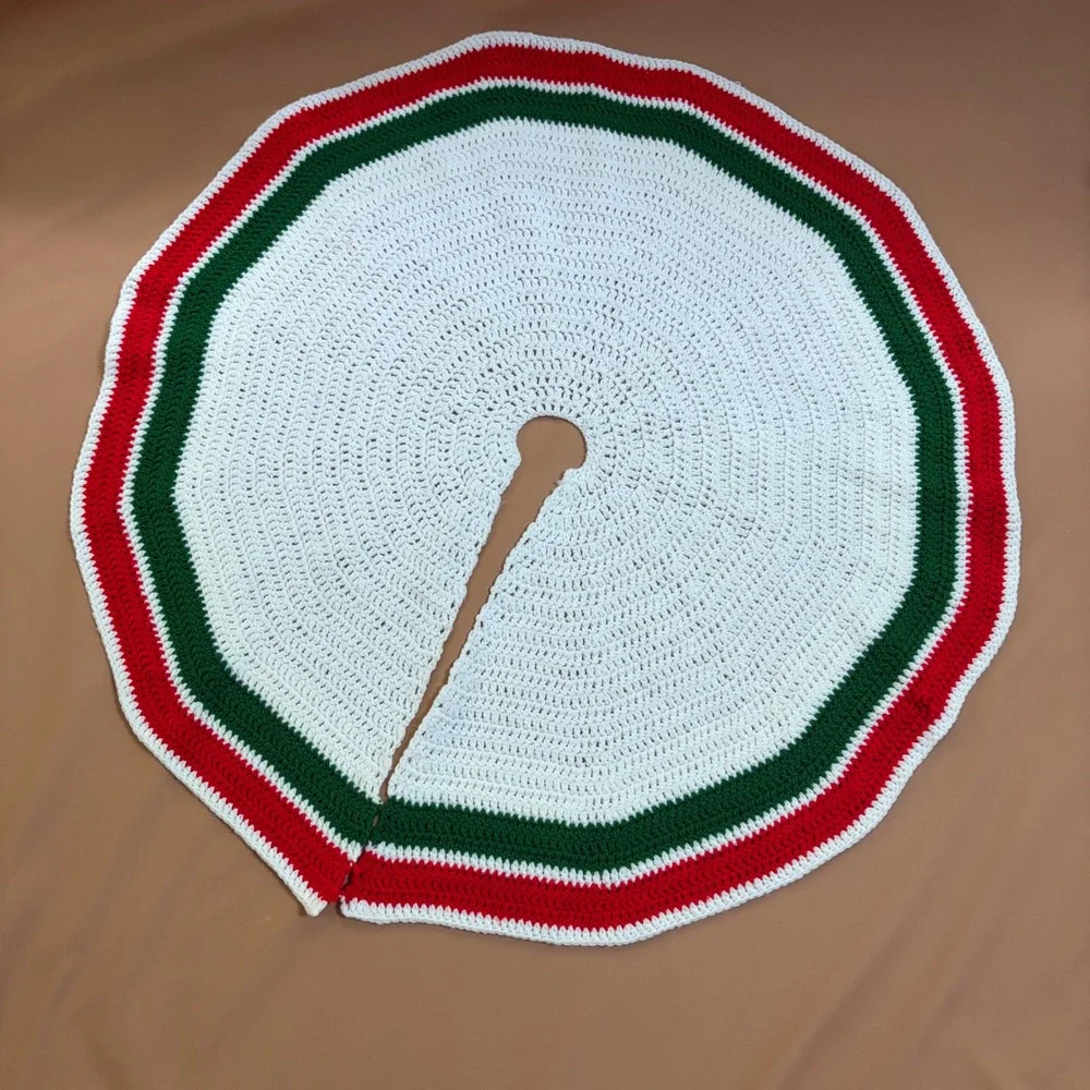 Handmade Crochet Christmas Tree Skirt White Red Green Striped Holiday Decor